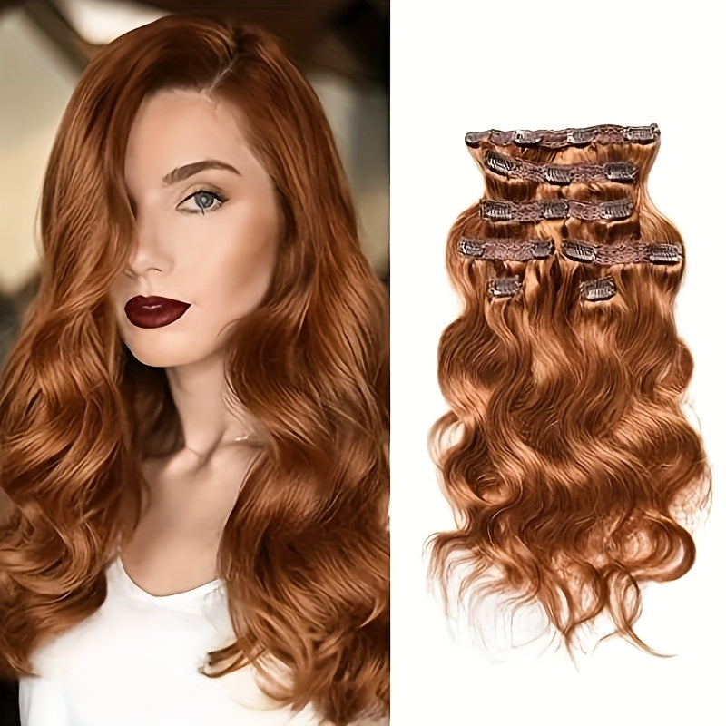 Meiverah Body Wave Clip-In Human Hair Extensions in Copper Red Shade, Made from Virgin Hair with Double Weft