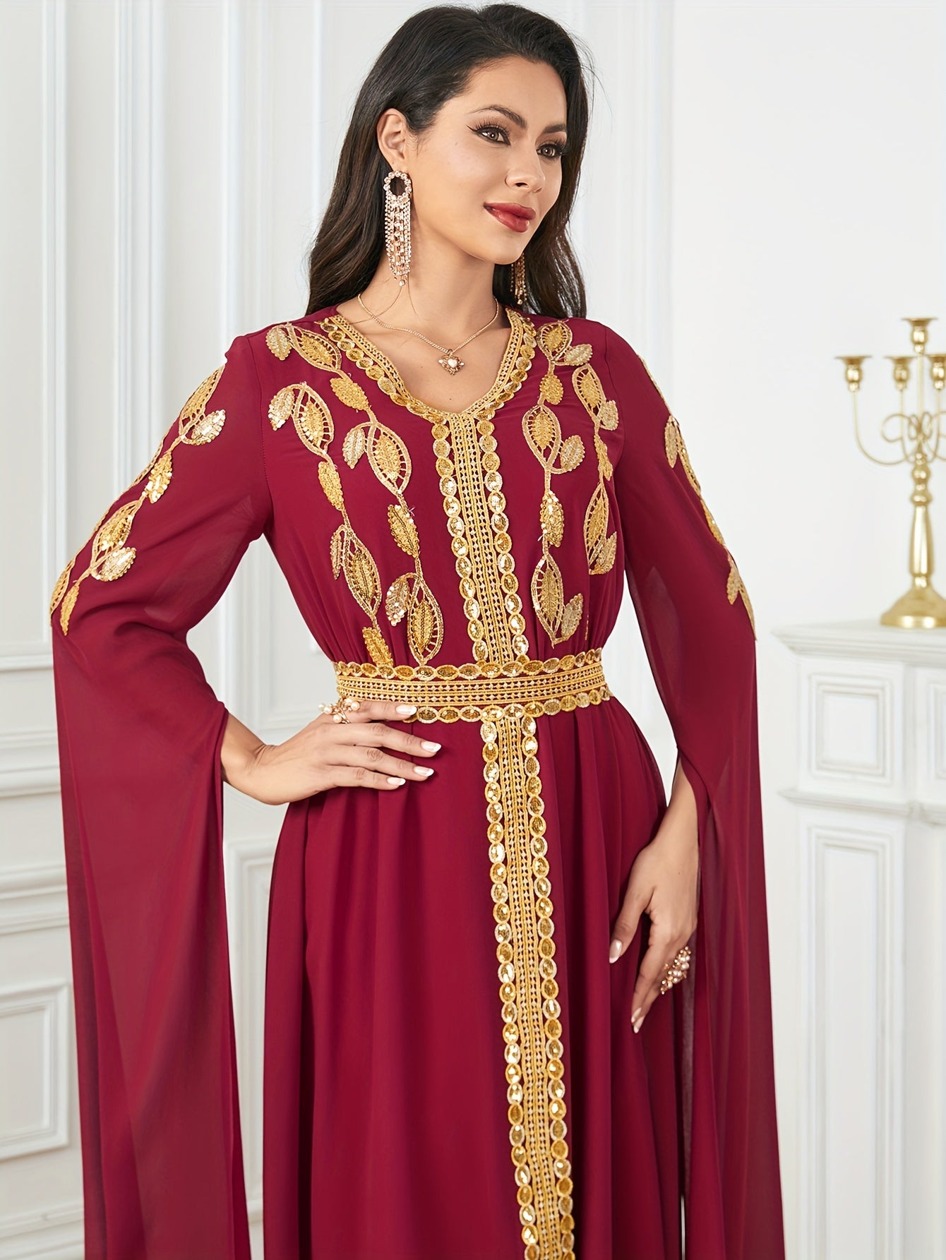 Embroidered V-Neck Abaya Dress, Elegant Cape Sleeve Maxi Dress, Women's Clothing