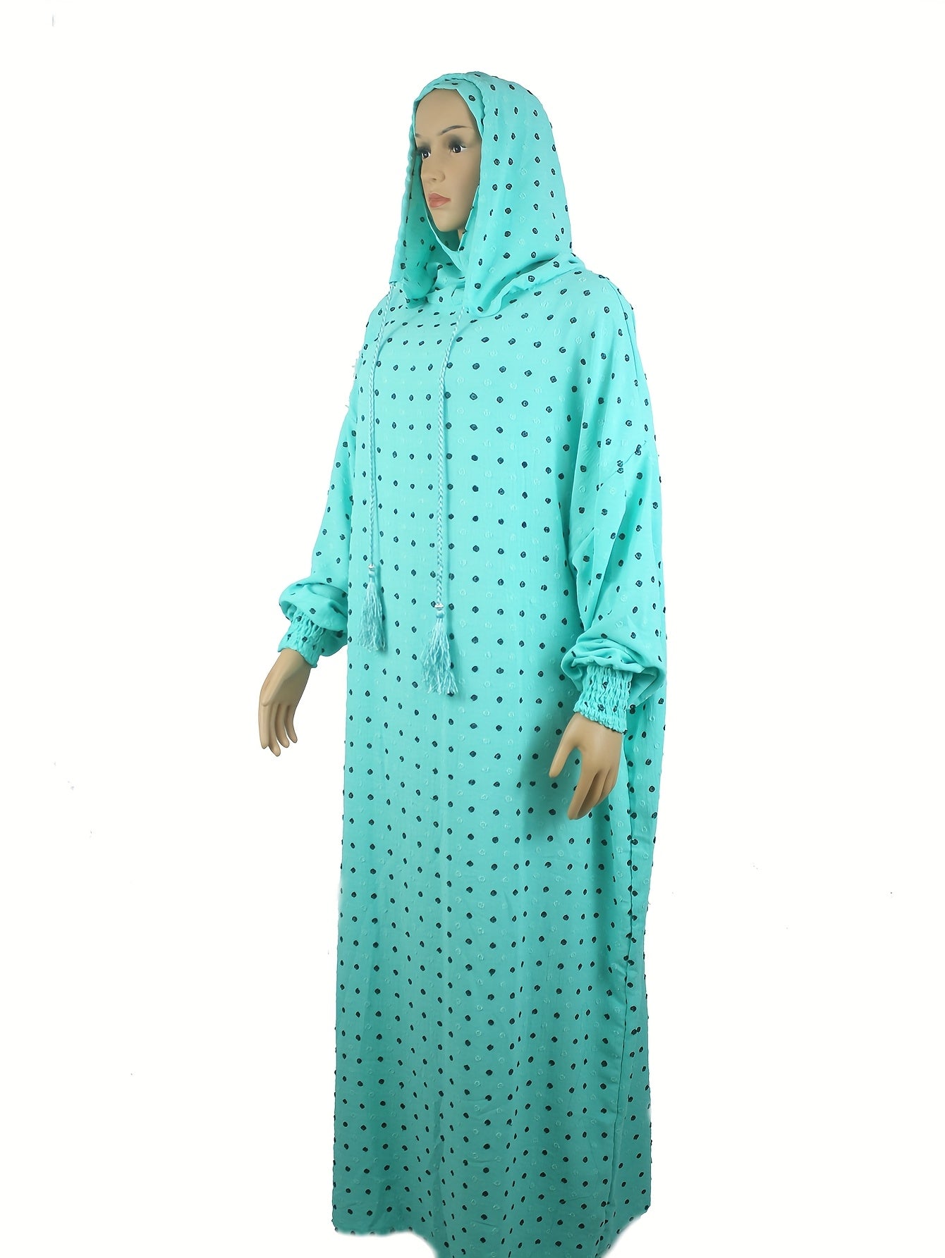 Plus Size - Elegant Plus Size Abaya with Hood - Loose Fit, Long Sleeve, Polka Dot Design, Drawstring Neck, All-Season Wear, Casual Weekend Dress for Muslim Women, Casual Wear Abaya