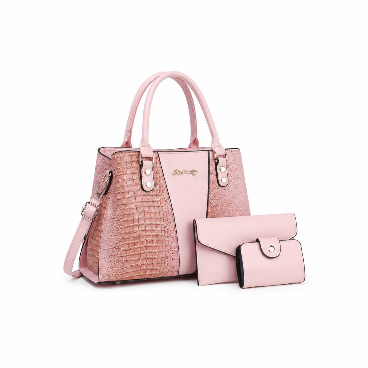 Blush Pink Croc Embossed Tote Handbag Set