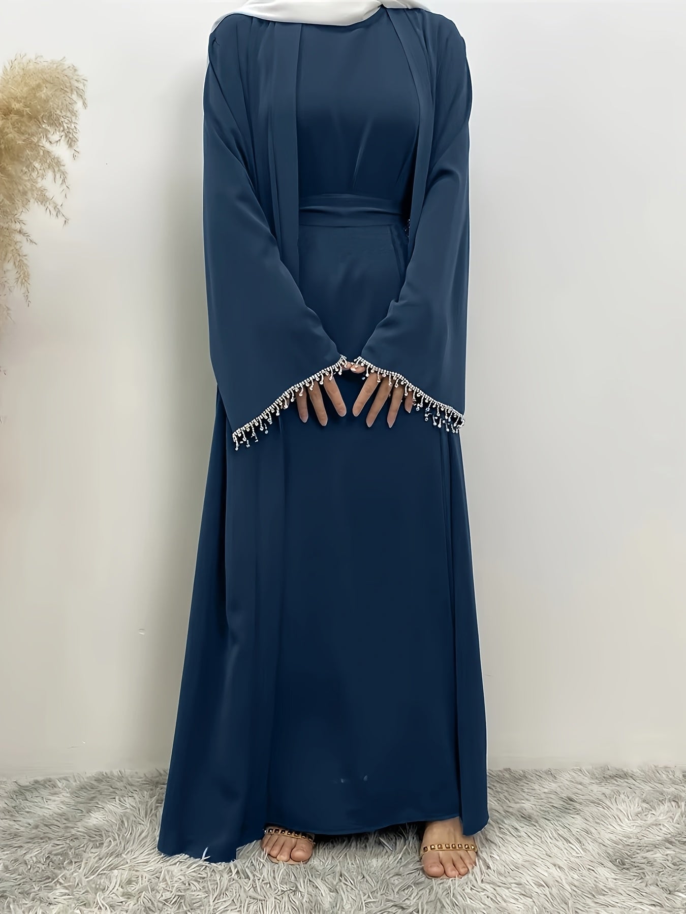 Ramadan Muslim Pakistani Abaya Women's 2pcs Set Rhinestone Open Front Hijab Dress Dubai Kaftan