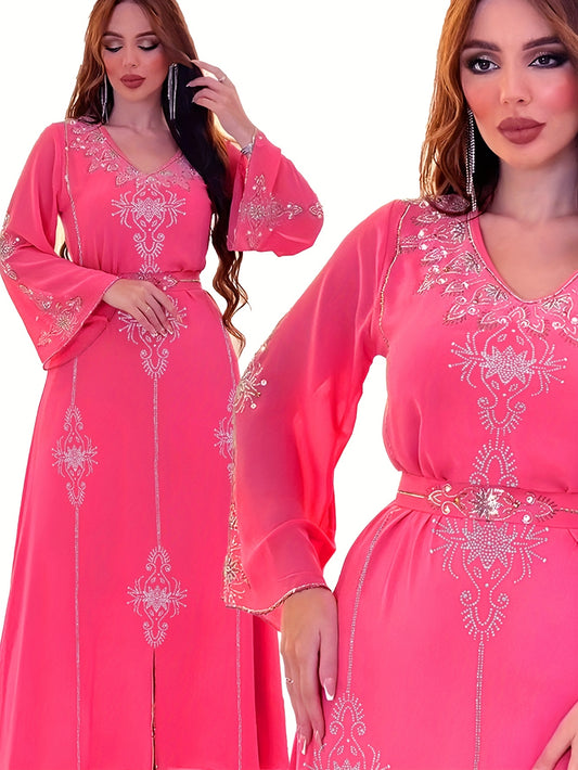 Elegant Rhinestone Embellished Chiffon Dress - Summer Long Robe for Women, Polyester, Machine Washable, Middle Eastern Style Palestinian Abaya