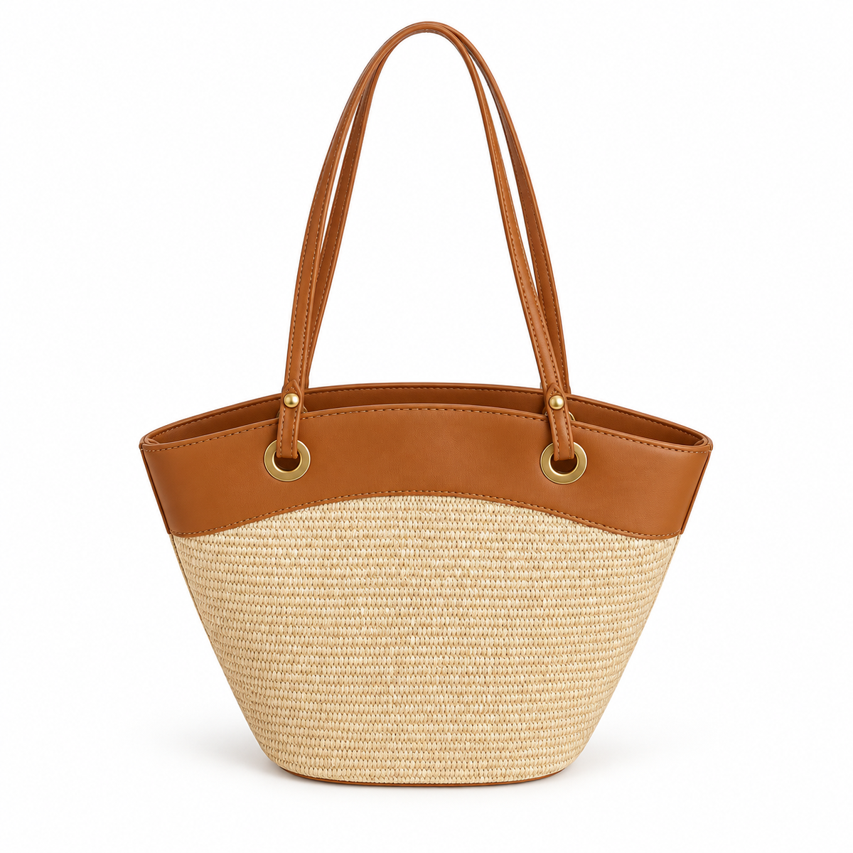 Beige Woven Tote With Brown Trim