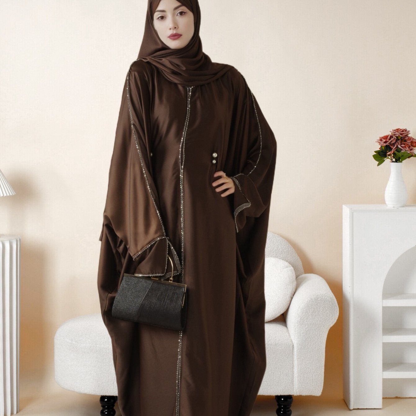 Batwing Emirati Abaya with Matching Hijab | Batwing Sleeve Abaya – Elegant Middle Eastern Arab, Islamic Style Shawl Robe Dress for Women, Long Skirt, Ramadan Prayer Outfit
