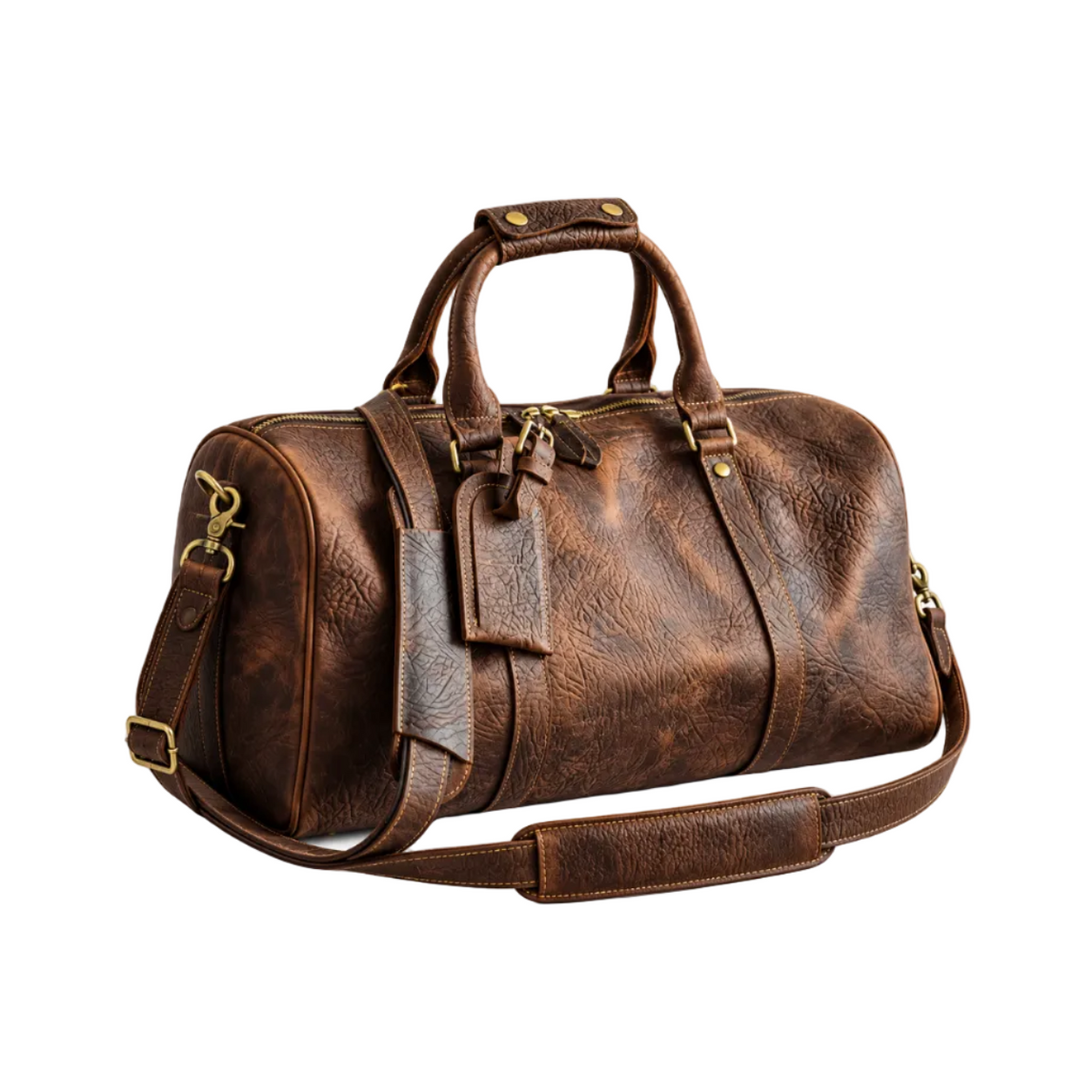 Vintage Brown Textured Leather Duffel Bag