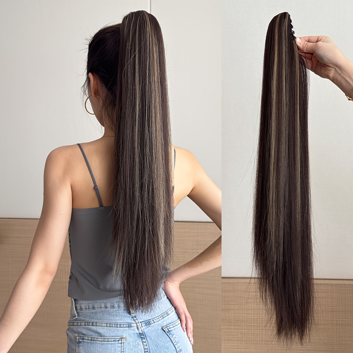 [YUSULAXI Ombre Hair Extension] YUSULAXI 26" Long Straight Heat-Resistant Synthetic Hair Ombre Black to Brown Claw Clip Ponytail Extension - Voluminous Texture for Women's Daily Use