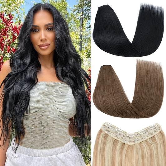 20-Inch Single Piece Clip-In Hair Extensions Made from Human Hair, Featuring an Upgraded V-Shape Design with Five Clips, Ideal for Women Seeking Long Hairpieces