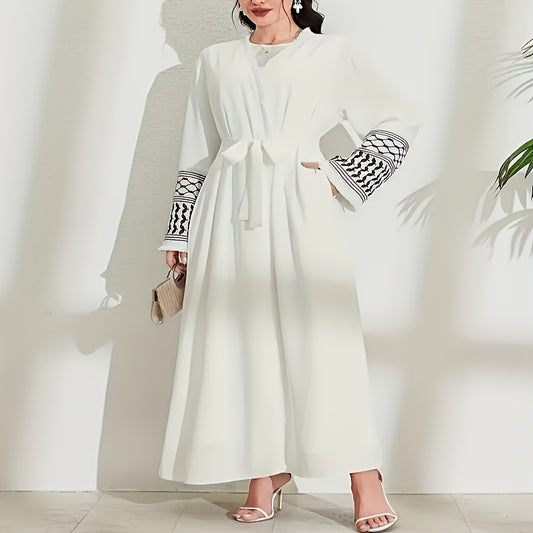 1pc Elegant Vintage Embroidered Arabic Abaya with Belt & Pockets - Black & White Geometric Pattern, Intricate Embroidery, Polyester All-Season Wear for Women, Ramadan