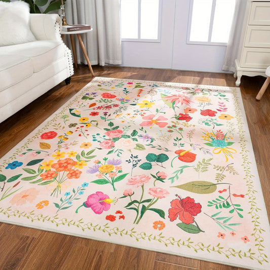 Vibrant Floral Print Area Mat - Soft Beige Imitation Cashmere, Anti-Slip & Machine Washable, Perfect for Living Room, Bedroom, or Home Decor, Rugs for Living Room
