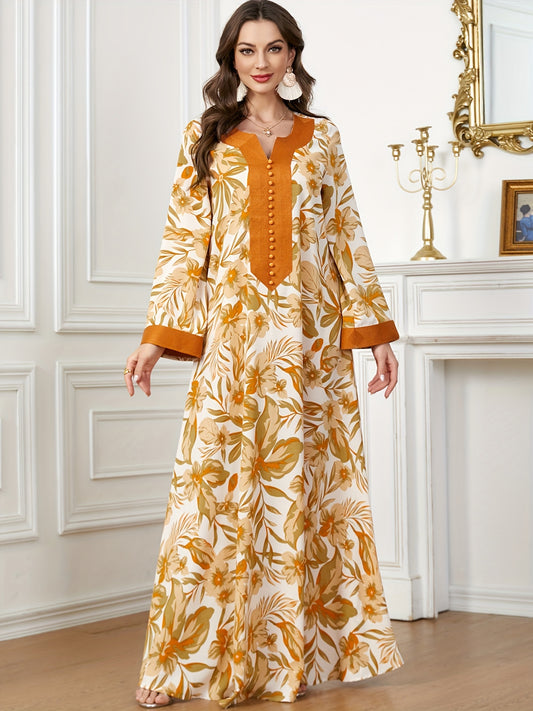 Print Long Sleeve Kaftan Modern Abaya with Embroidered Buttons - Maxi Length, Orange & Cream Floral Design, Polyester Fabric, Machine Washable, All-Season Wear, Floral Print Dress