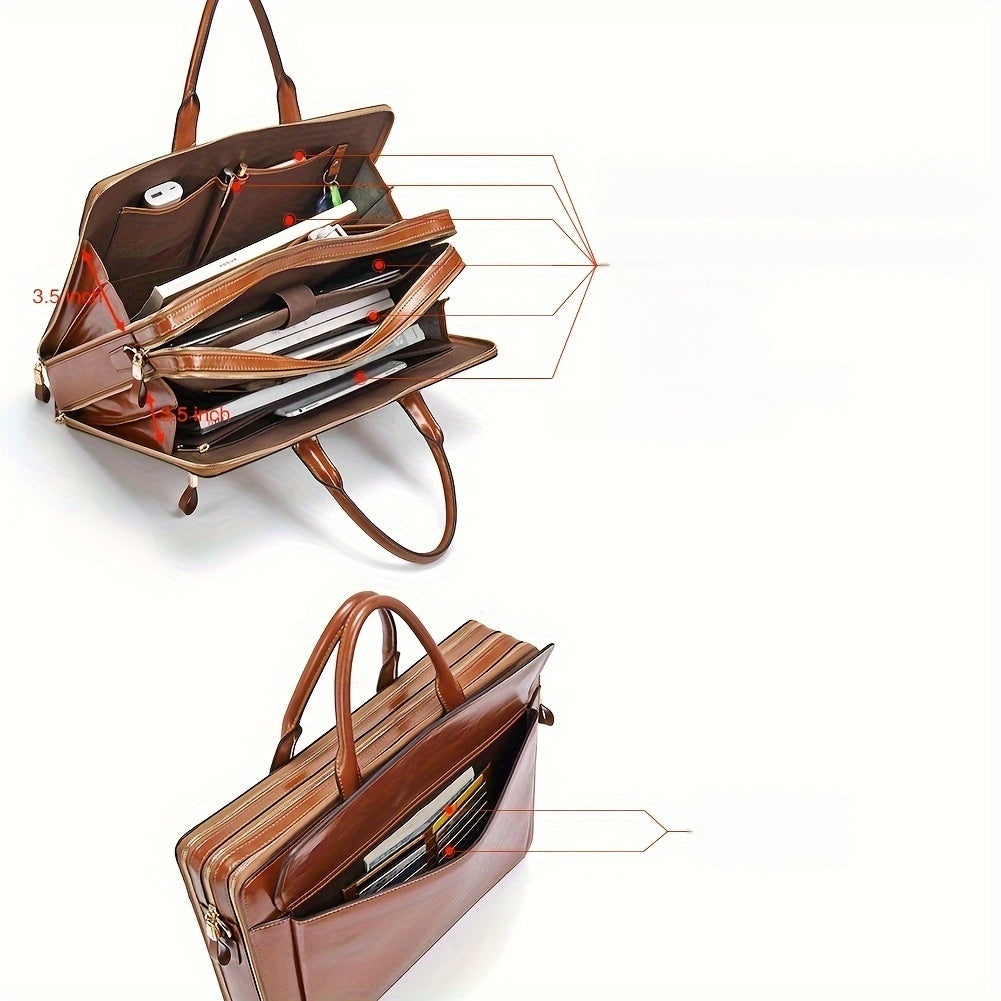 Premium Genuine Leather 15.6" Business Laptop Bag for Women - Light Brown, Adjustable Shoulder Strap