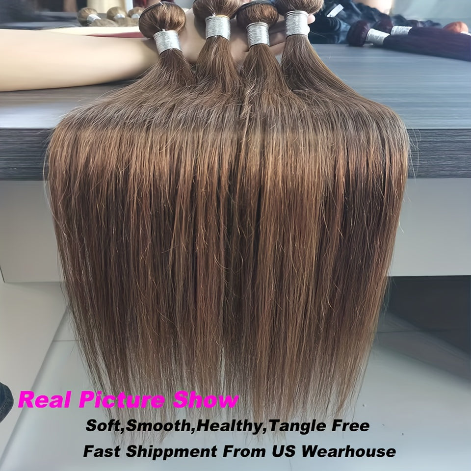 #4 Brown | 100% Virgin Human Hair Extensions 3 Bundles - Brazilian Remy Clip-Ins for School, College, Party & Dating | Soft, Tangle-Free & Smooth | Back to School Ready! Limited Time Offer