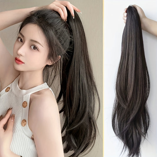 Black 23.62inch Clip-On Ponytail Hair Extension Wig for Women, Featuring a Long Straight Hairpiece