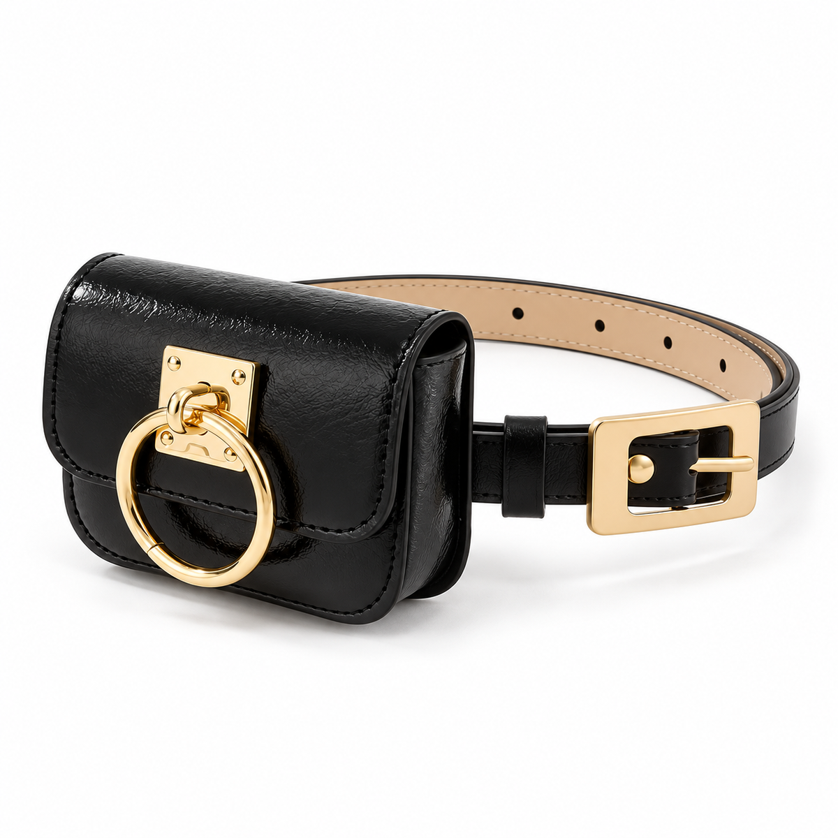 Black Belt Bag With Golden Ring