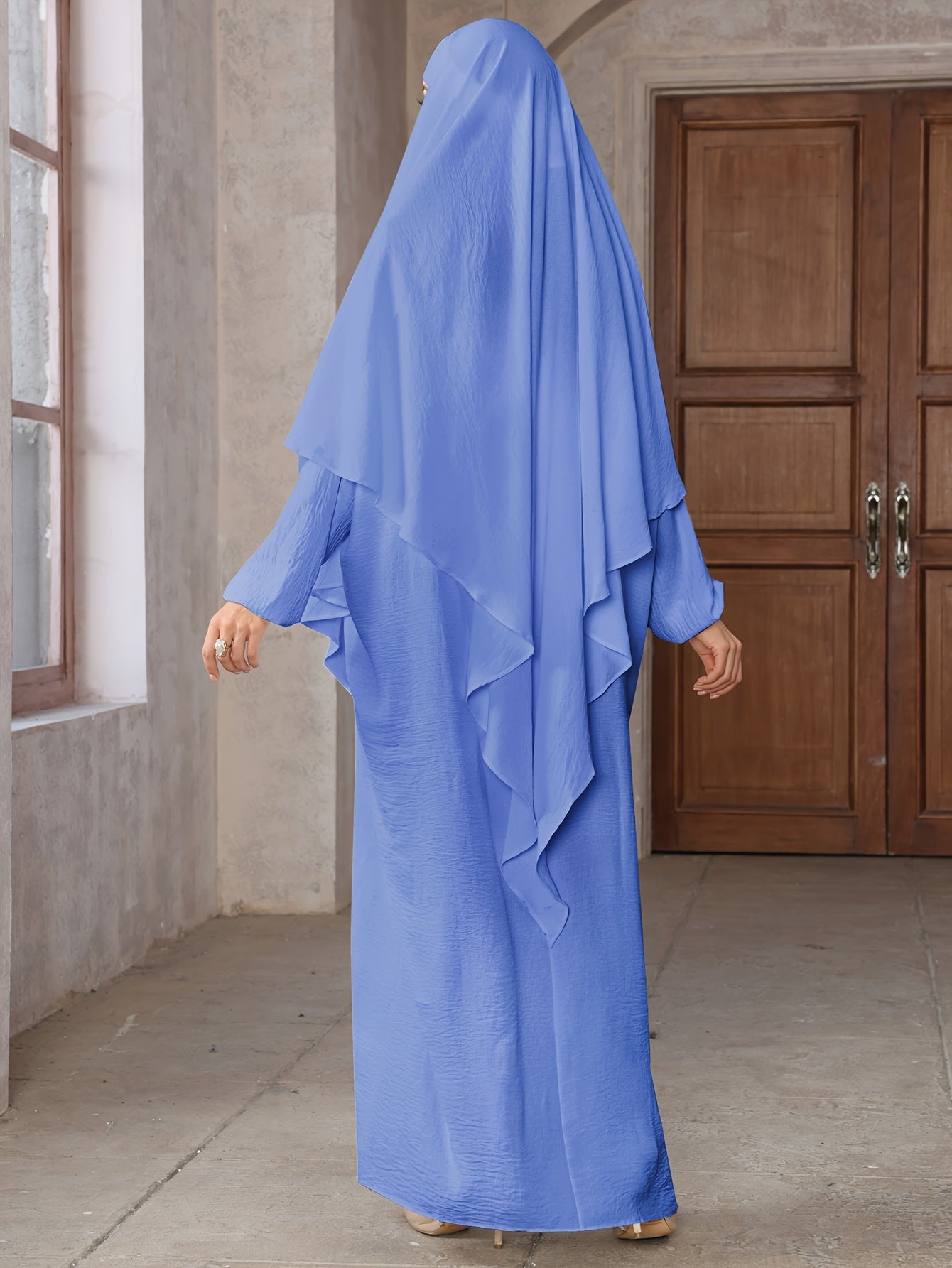 Plus Size Simple Solid Maxi Jibab Abaya, Modest Long Sleeve Dress With Hijab, Women's Plus Size Clothing, Two-piece set