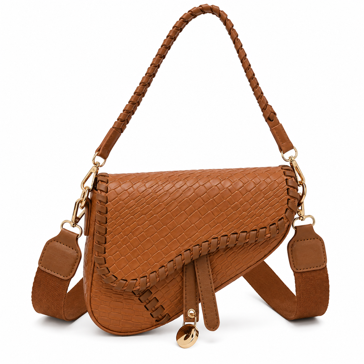 Cognac Woven Leather Braided Saddle Bag