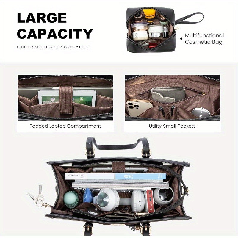 Laptop Bag for Women 15.6 inch Lightweight PU Laptop Tote Bag Large Capacity Computer bag with Clutch Purse for Business Work Office Travel School Casual Black and Faux Leather