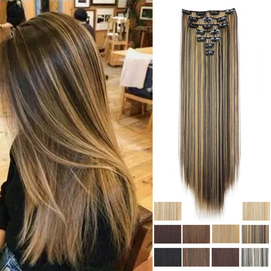 Long Straight Hair Extensions in a Seven-Piece Set, Suitable for Women, Featuring European And American Styles with 16 Clips for a Curtain Effect