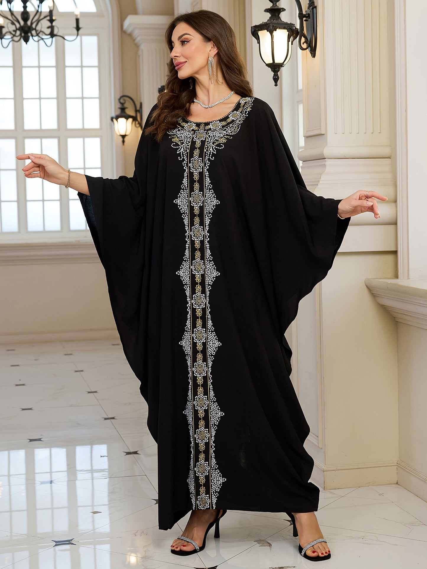 Plus Size Elegant Long Sleeve Batwing Kaftan, Viscose Non-Stretch Fabric, Tribal Embroidery, Loose Fit, with Woven Traditional Middle Eastern Abaya Robe for Festive Occasions