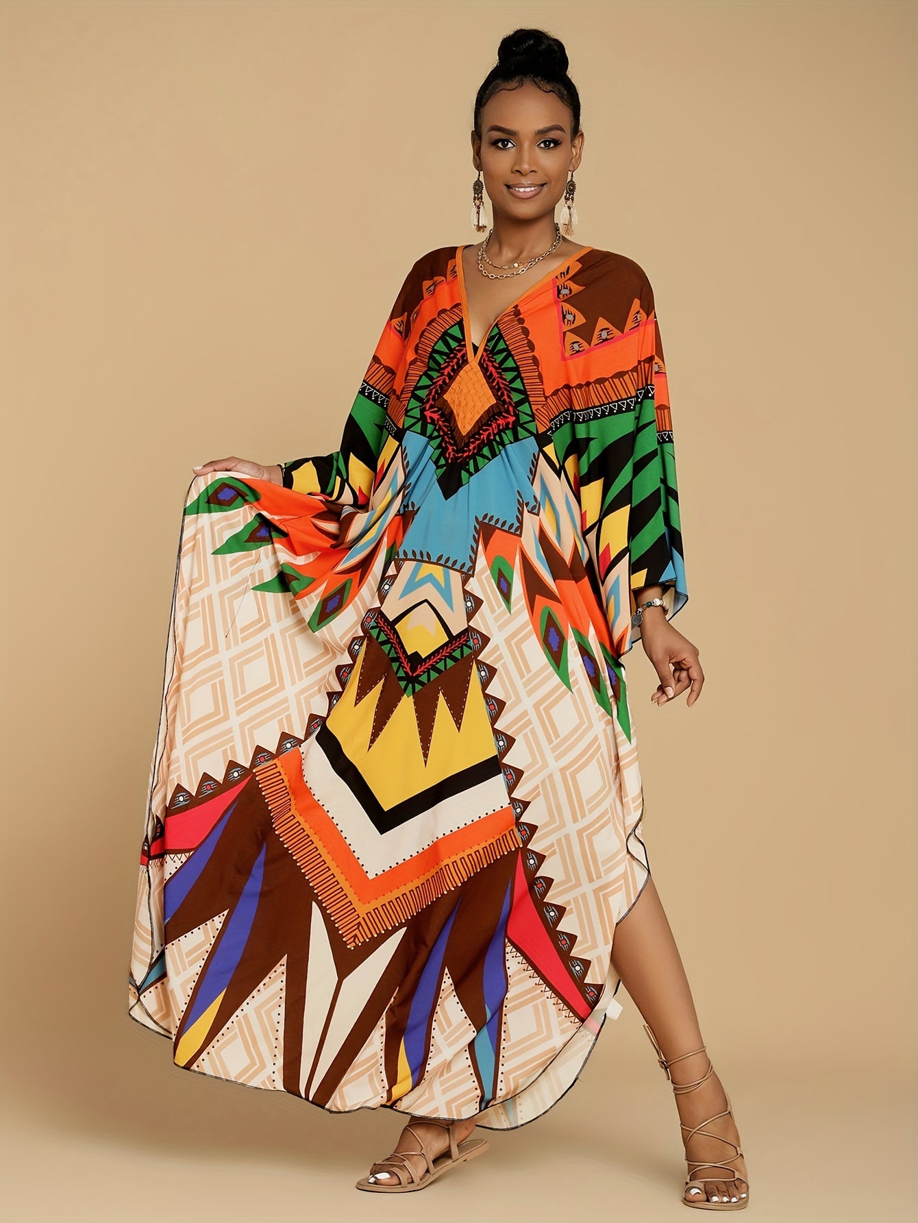 Vibrant Bohemian Kaftan Dress - Four-Sided Elastic V-Neck, Bat Sleeves, Beach Cover-Up