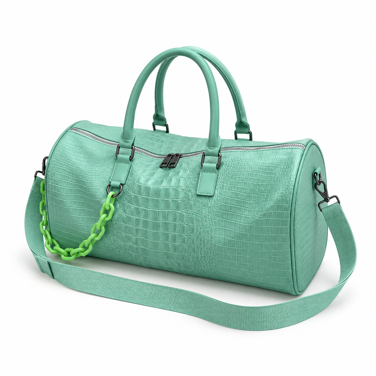 Mint Green Crocodile Embossed Leather Duffel