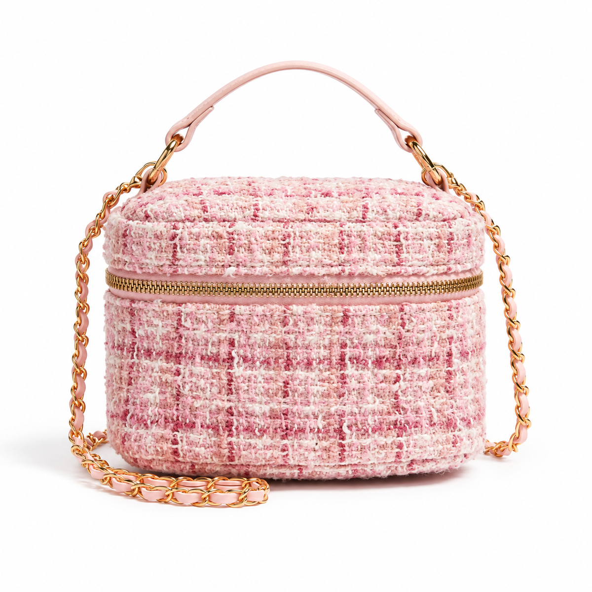 Pink Tweed Crossbody Bag With Charms