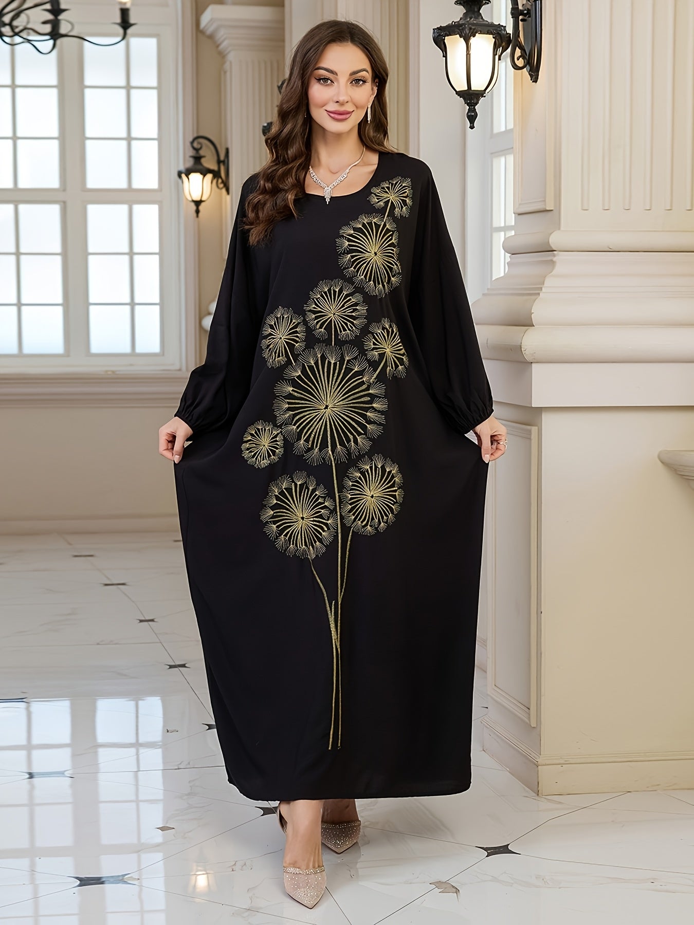 Plus Size, Women's Elegant Dandelion Embroidered Beach Cover-Up Robe Dress - Long Sleeve Loose Fit, Plus Size Black with Golden Floral Print, Lantern Sleeves & Long Length for Vacation, Poolside, Casual Outings, Beach Dress