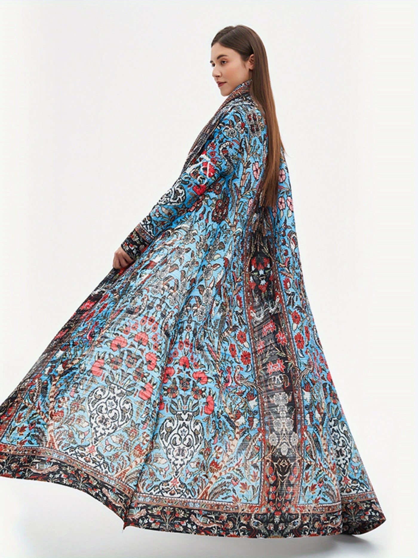 Elegant Middle Eastern-Inspired Geometric Print Abaya Dress with Intricate Embroidery - Lightweight Polyester, High Elasticity, Sun Protection, Perfect for Spring/Summer/Fall