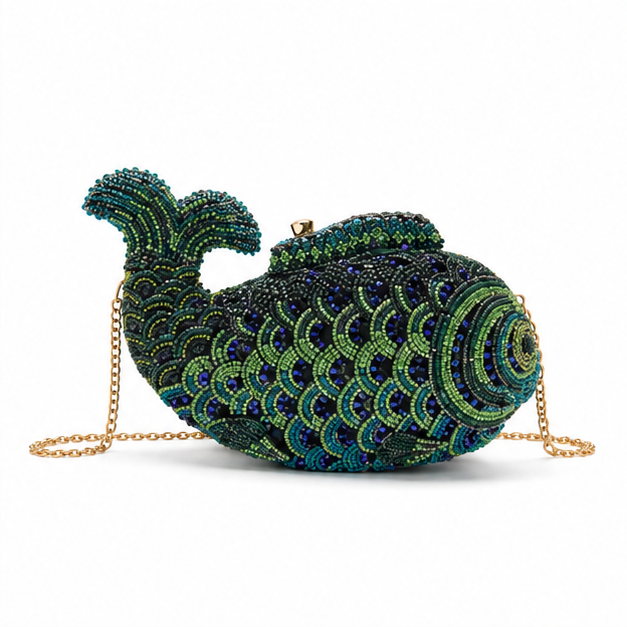 Hand-Beaded Fish-Shaped Evening Clutch Bag