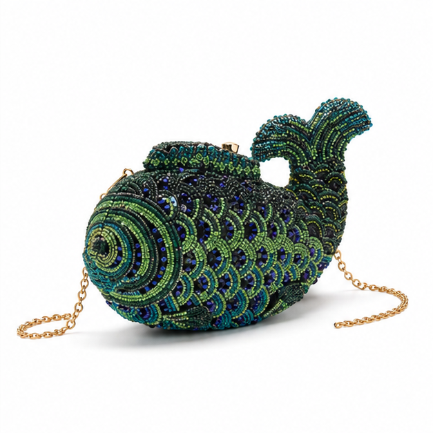 Hand-Beaded Fish-Shaped Evening Clutch Bag