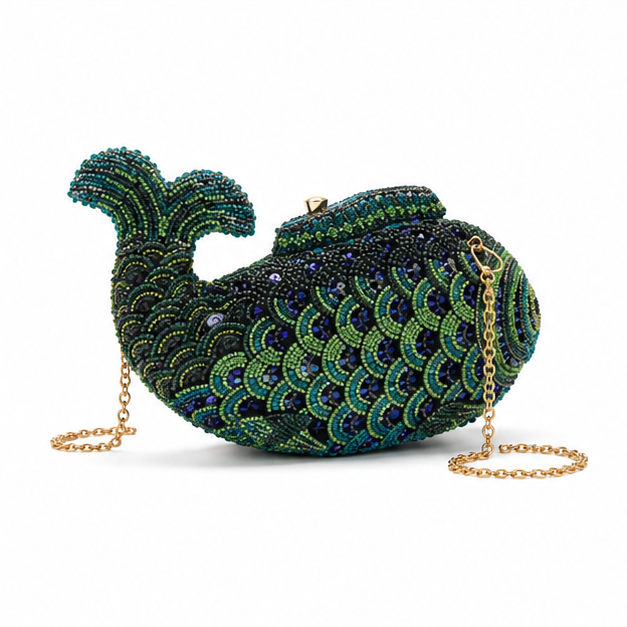 Hand-Beaded Fish-Shaped Evening Clutch Bag