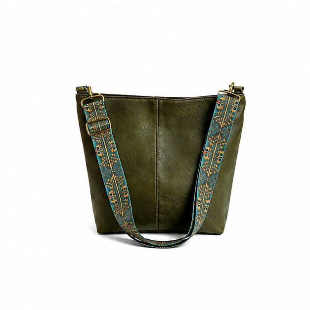 Green Boho Shoulder Bag with Woven Strap