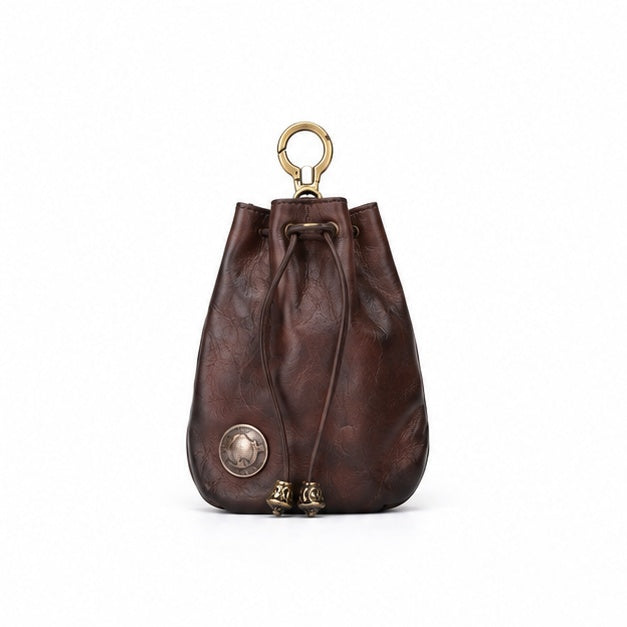 Vintage Brown Leather Drawstring Key Pouch