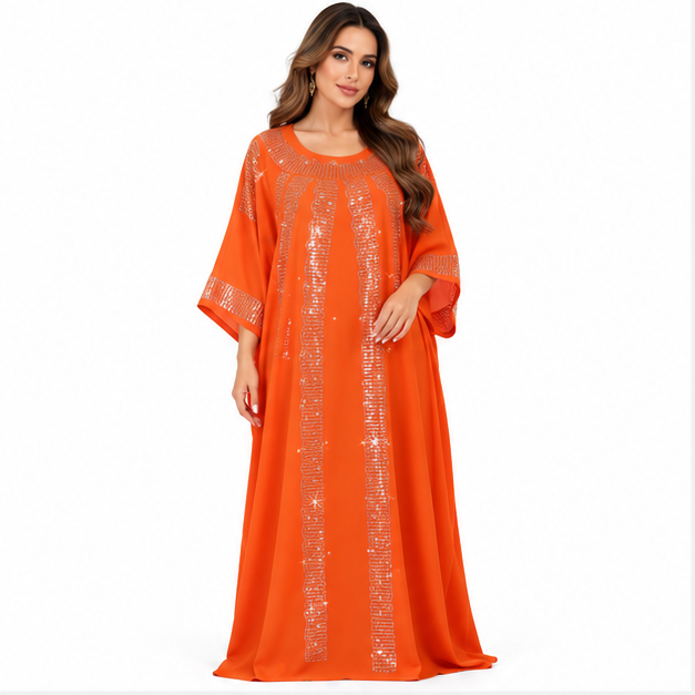 Orange Silver Embellished Sequin Baju Kaftan