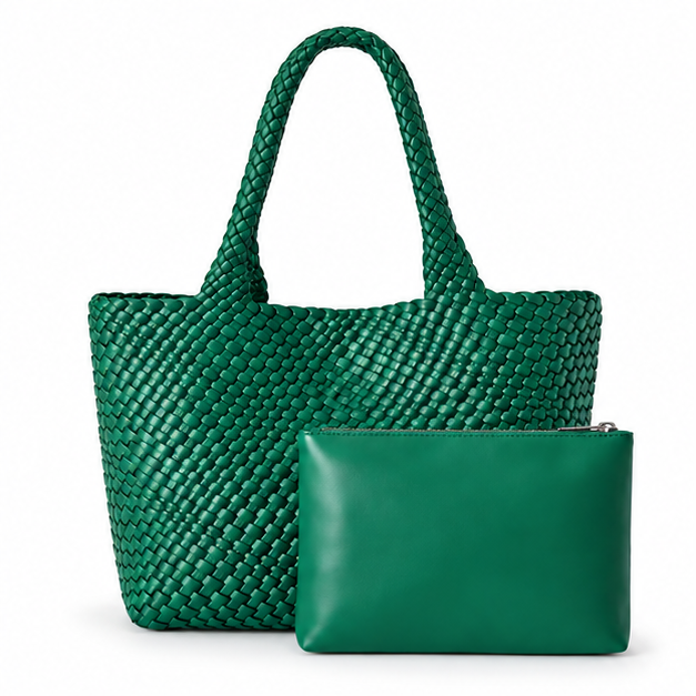 Dark Green Woven Tote Matching Pouch