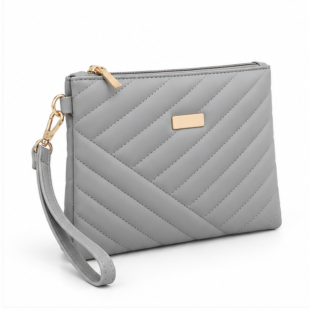 Grey Quilted Wristlet Clutch Bag Purse