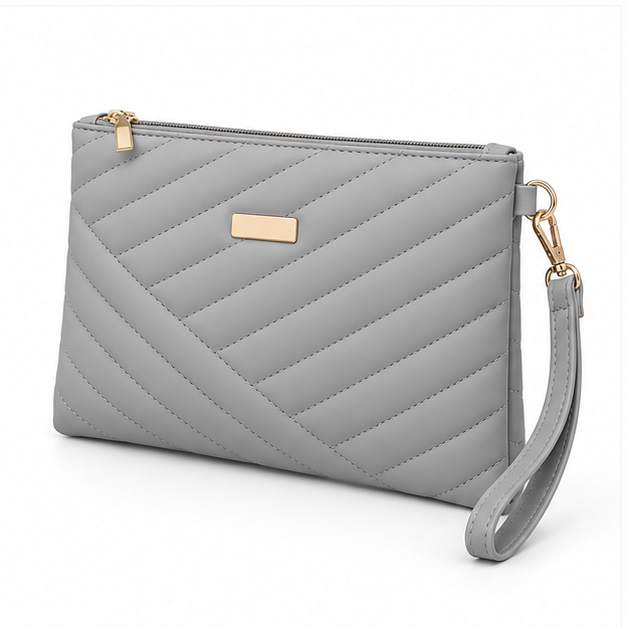 Grey Quilted Wristlet Clutch Bag Purse