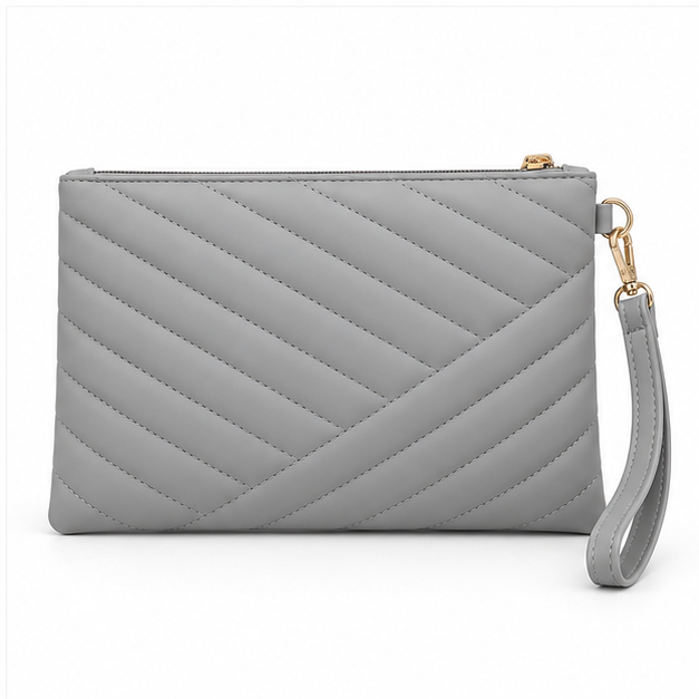 Grey Quilted Wristlet Clutch Bag Purse