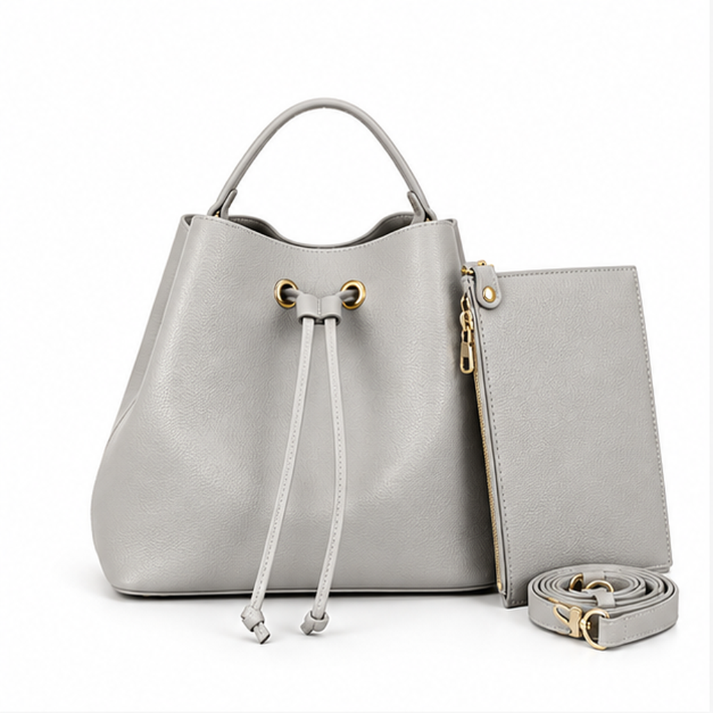 Grey Drawstring Bucket Handbag With Pouch
