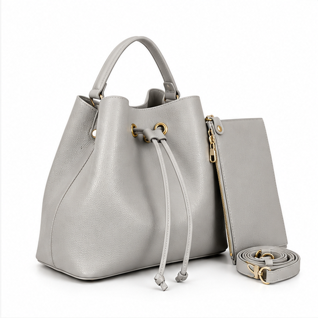Grey Drawstring Bucket Handbag With Pouch
