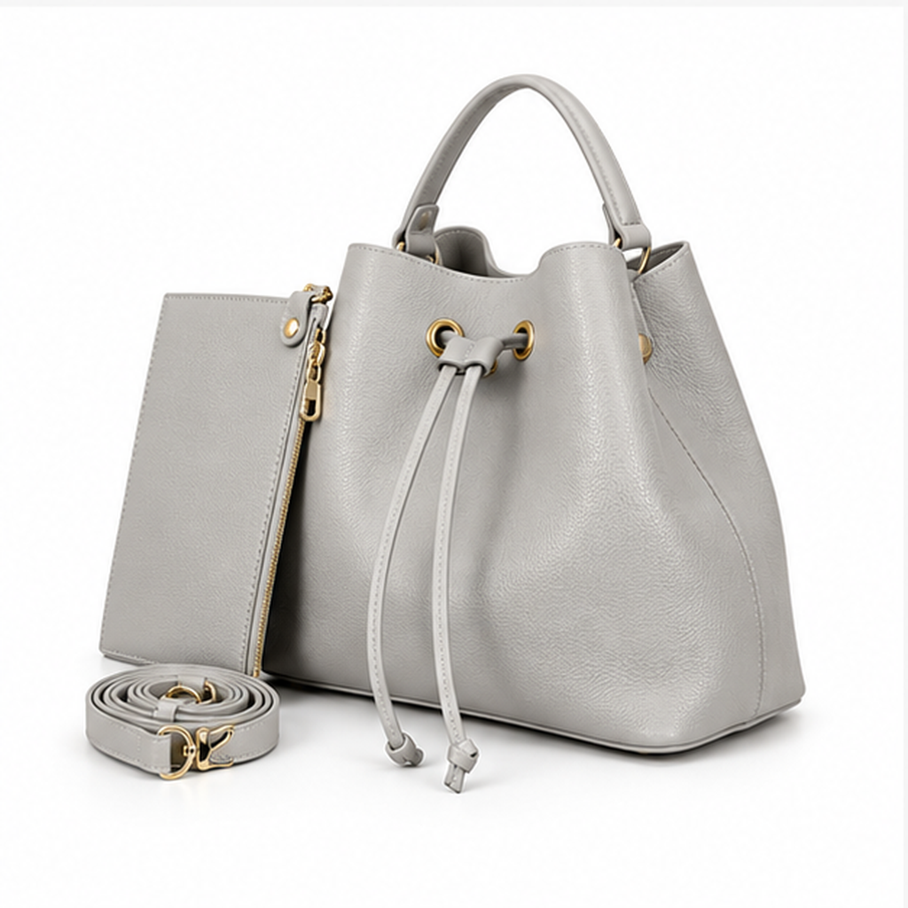 Grey Drawstring Bucket Handbag With Pouch