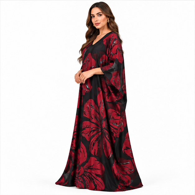 Black Burgundy Floral Flowing Baju Kaftan