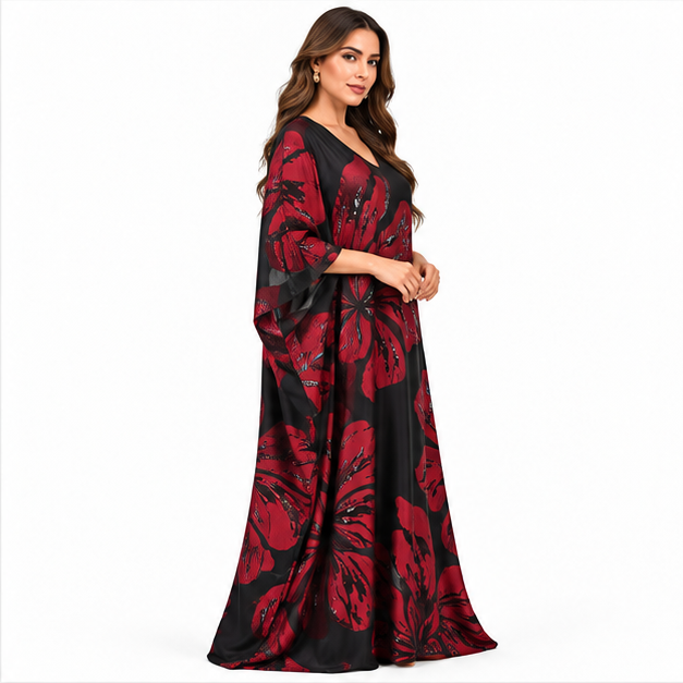 Black Burgundy Floral Flowing Baju Kaftan