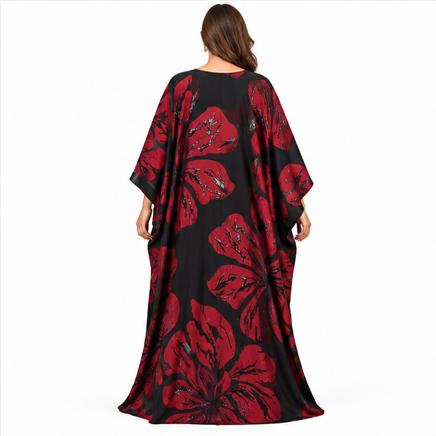 Black Burgundy Floral Flowing Baju Kaftan