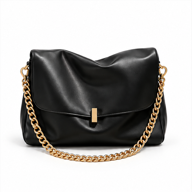 Elegant Black Slouchy Gold Chain Shoulder Handbag