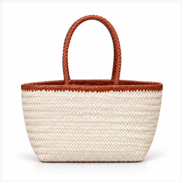Ivory Woven Tote With Brown Handles
