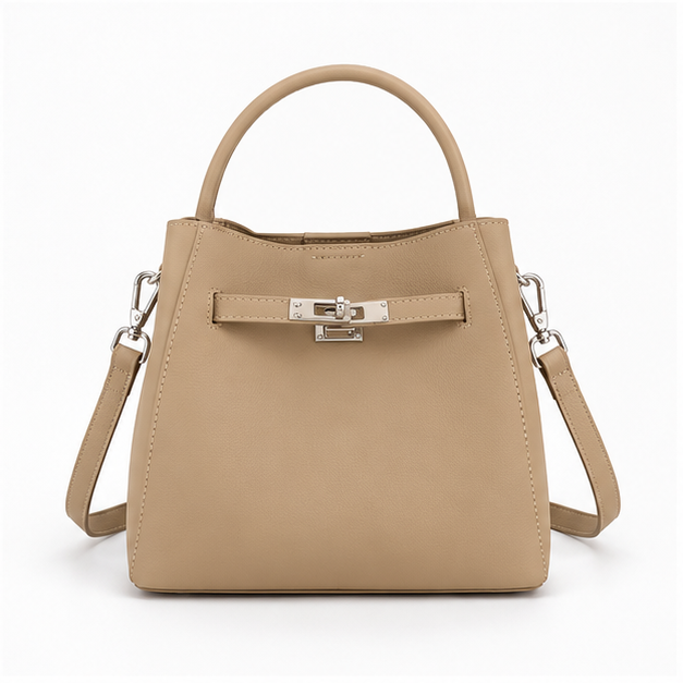 Elegant Taupe Structured Leather Bucket Handbag