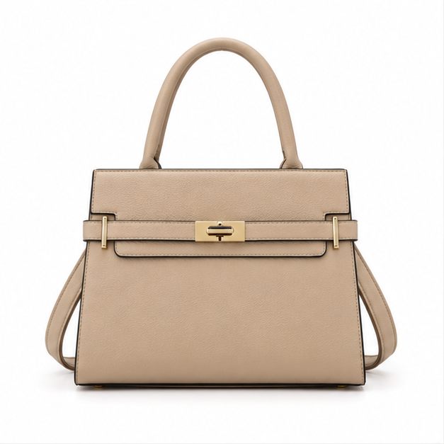 Khaki Structured Leather Top Handle Handbag