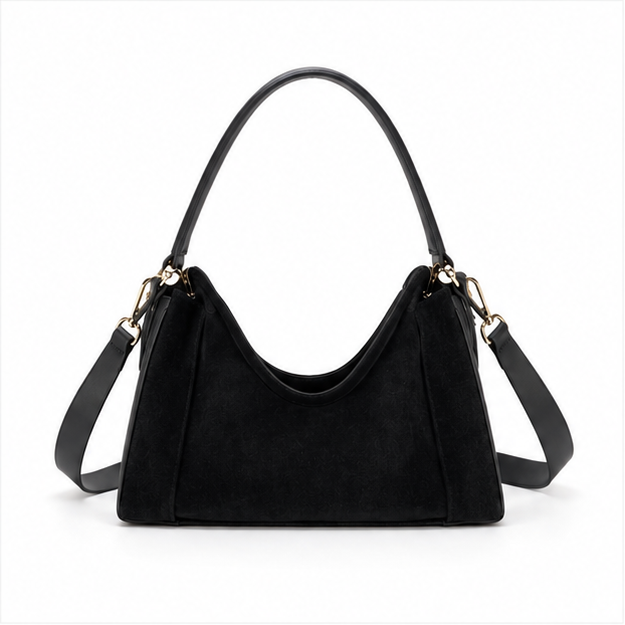 Black Suede Shoulder Bag With Strap