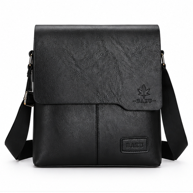 Black Textured Leather Crossbody Messenger Bag